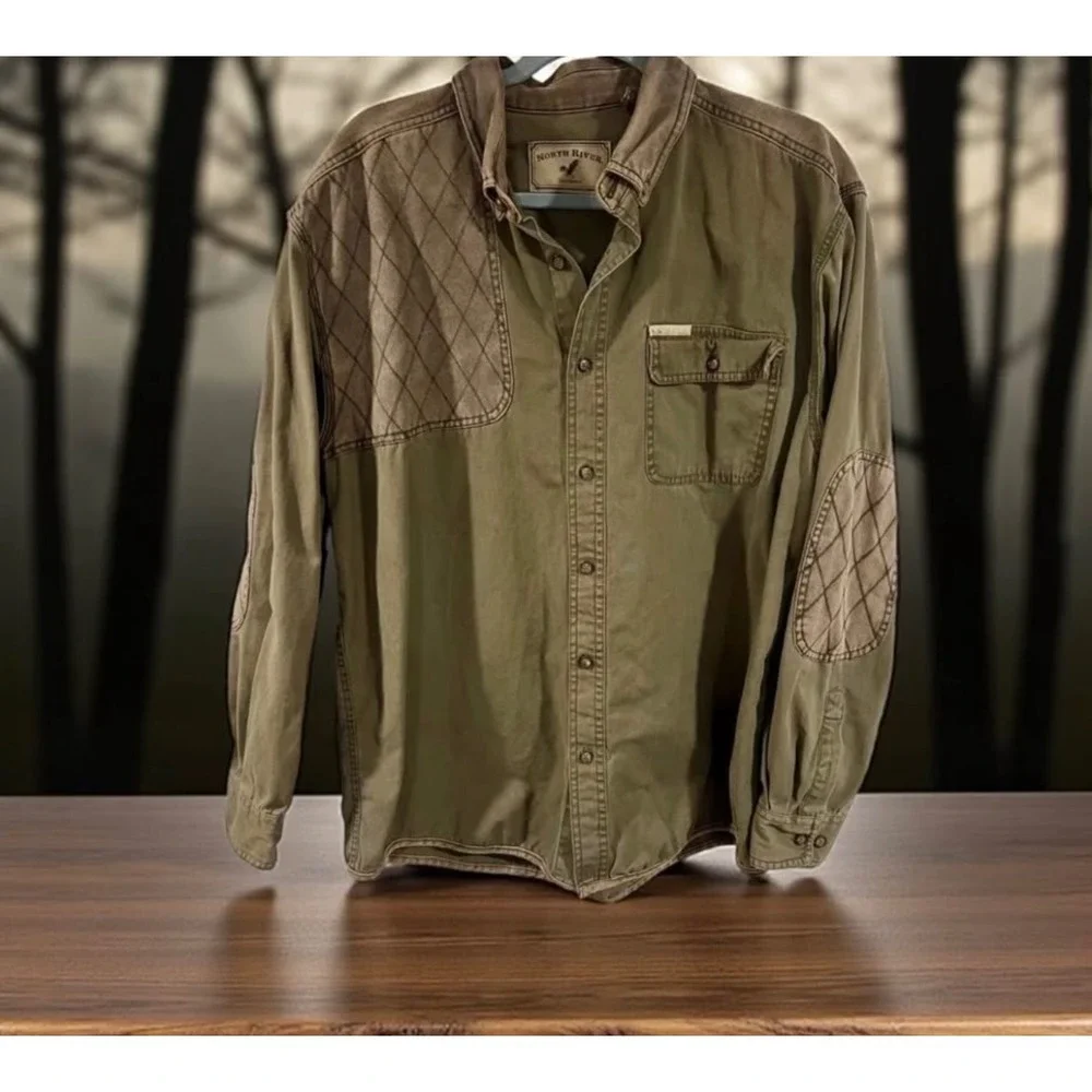 North River Mens Olive Green Quilted Shoulder Elbow Patch Button Up Shirt, Large